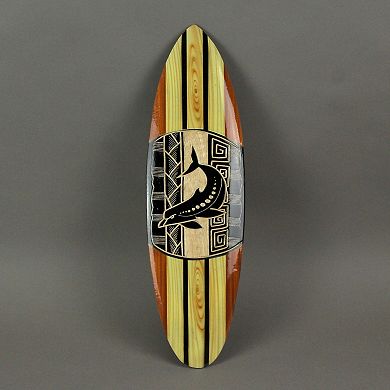 Hand-Carved Wooden Dolphin Design Surfboard Wall Hanging, 20 Inches, Brown