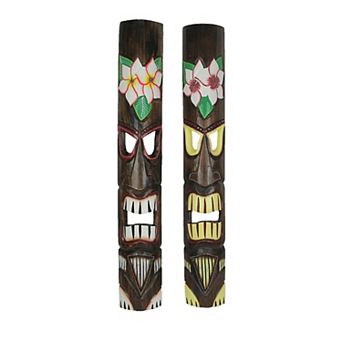 Hand Crafted Wooden Plumeria Flower Tropical Tiki Wall Masks 39 Inch Set of 2