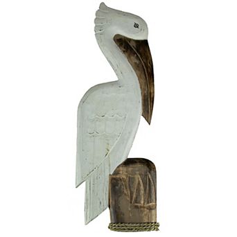 White Wood Coastal Pelican Perched On Nautical Piling Wall Sculpture 24 inch