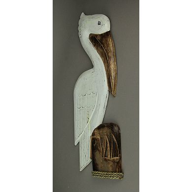 White Wood Coastal Pelican Perched On Nautical Piling Wall Sculpture 24 inch
