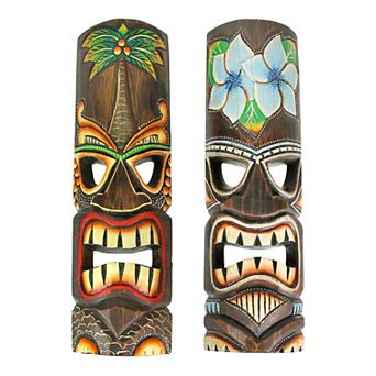 Set of 2 Wooden 20 Inch Tiki Wall Masks Palm Tree and Plumeria Flower Designs
