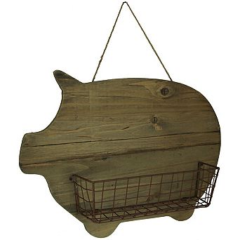 Rustic Wood Farmhouse Pig and Metal Wire Wall Basket