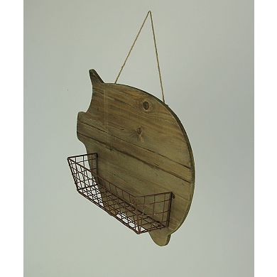Rustic Wood Farmhouse Pig and Metal Wire Wall Basket