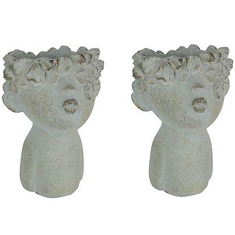 Set of 2 Pucker Up Junior Kissing Face Weathered Finish Concrete Head Planter