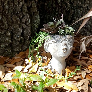 Set of 2 Pucker Up Junior Kissing Face Weathered Finish Concrete Head Planter