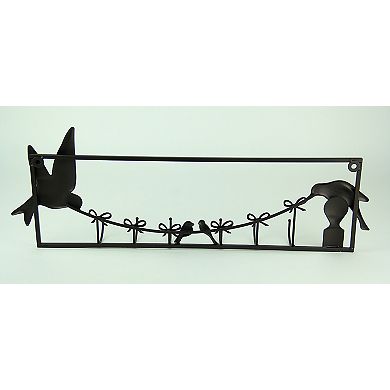 Birds and Bows Rustic Brown Metal Wall Sculpture with Hooks
