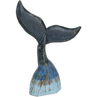 Coastal Blue Carved Wooden Whale Tail Tabletop Statue 16 in High