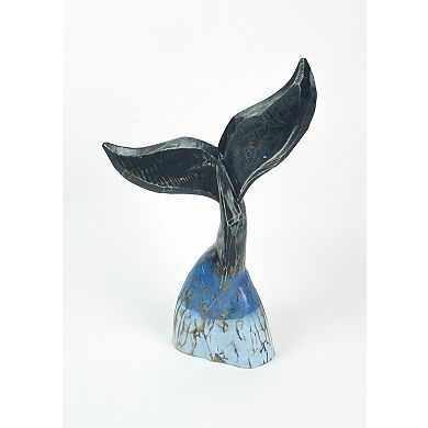 Coastal Blue Carved Wooden Whale Tail Tabletop Statue 16 Inches High