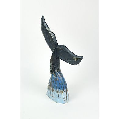 Coastal Blue Carved Wooden Whale Tail Tabletop Statue 16 Inches High