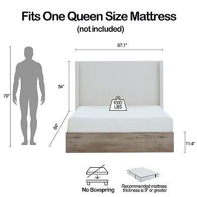 GOMYHOME Queen Upholstered Bed with 54" Wingback Headboard, Ivory Chenille, No Box Spring