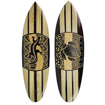 Set Of 2 Hand Carved Wood Surfboards Tiki Decor Lizard Turtle Wall Hanging Art