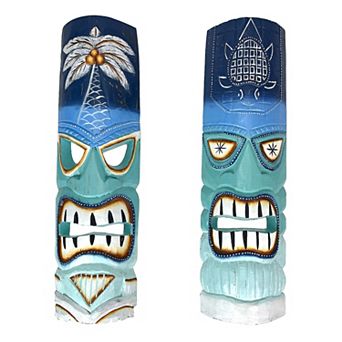 Set of 2 - 20" Blue & Green Tiki Masks Wood Wall Decor Indoor/Outdoor Accent