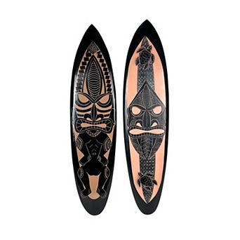 Set of 2 Surfboards Tiki Mask Design, 39" Wood Wall Art, Tropical Decor