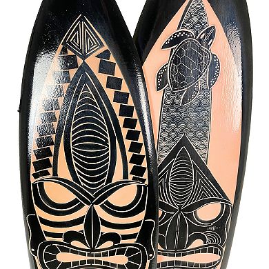 Set of 2 Surfboards Tiki Mask Design, 39" Wood Wall Art, Tropical Decor