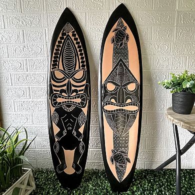 Set of 2 Surfboards Tiki Mask Design, 39" Wood Wall Art, Tropical Decor