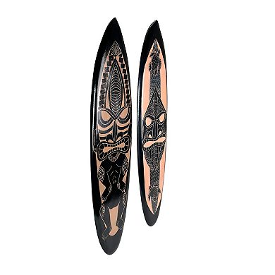 Set of 2 Surfboards Tiki Mask Design, 39" Wood Wall Art, Tropical Decor