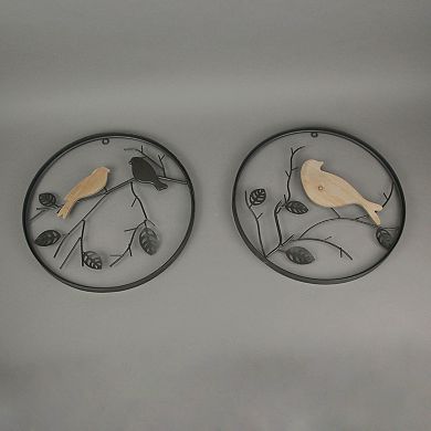 15 in Metal Wood Birds On Branches Wall Hanging Sculpture Home Decor Art Set / 2