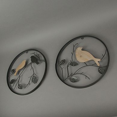 15 in Metal Wood Birds On Branches Wall Hanging Sculpture Home Decor Art Set / 2