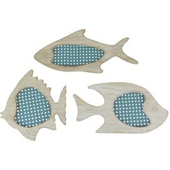 Set of 3 Blue and White Wood and Metal Mesh Fish Wall Hangings