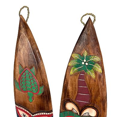 Set of 2 Tiki Surfboard Wall Decor 39" Sea Turtle Palm Tree Hand-Carved Art