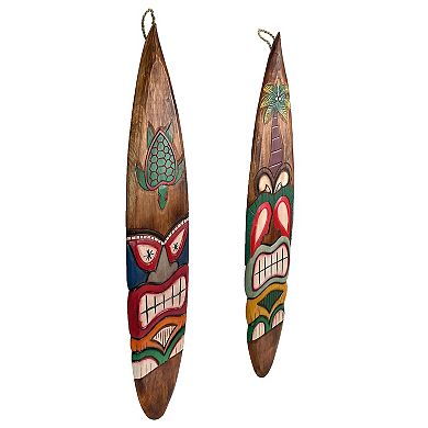 Set of 2 Tiki Surfboard Wall Decor 39" Sea Turtle Palm Tree Hand-Carved Art