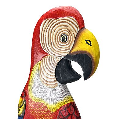 Wood Parrot Wall Decor 38" Hand-Carved Macaw Sculpture Tropical Bird Art