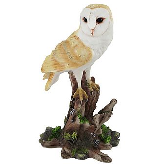 Barn Owl Vigilantly Perched on Tree Stump Statue