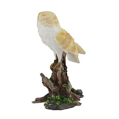 Barn Owl Vigilantly Perched on Tree Stump Statue
