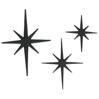 Set of 3 Black Cast Iron Starburst Wall Hangings Mid Century 8 Pointed Stars