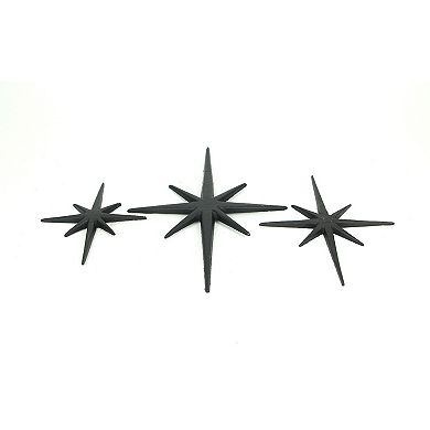 Set of 3 Black Cast Iron Starburst Wall Hangings Mid Century 8 Pointed Stars