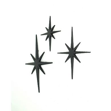 Set of 3 Black Cast Iron Starburst Wall Hangings Mid Century 8 Pointed Stars