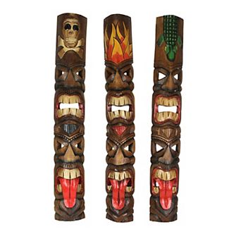 Set of 3 Double Tiki Mask Totem Hand Carved Wall Decor Island-Inspired Sculpture, 40 Inch