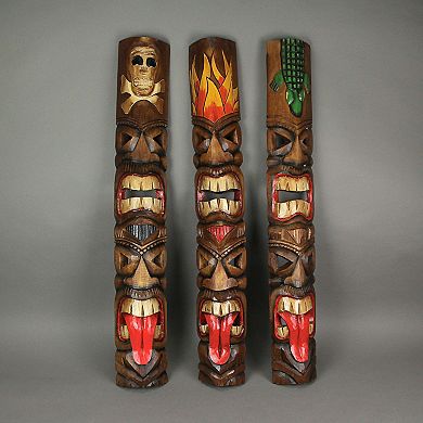 Set of 3 Double Tiki Mask Totem Hand Carved Wall Decor Island-Inspired Sculpture, 40 Inch
