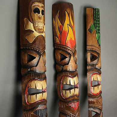 Set of 3 Double Tiki Mask Totem Hand Carved Wall Decor Island-Inspired Sculpture, 40 Inch