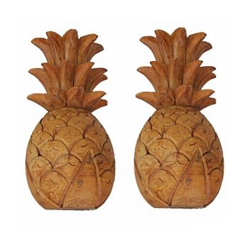 Set of 2 Hand Carved Wooden Pineapple Hanging Wall Art Sculptures Home Decor