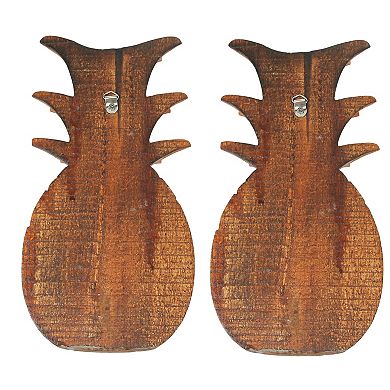 Set of 2 Hand Carved Wooden Pineapple Hanging Wall Art Sculptures Home Decor