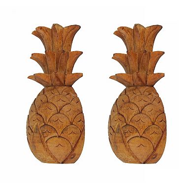 Set of 2 Hand Carved Wooden Pineapple Hanging Wall Art Sculptures Home Decor