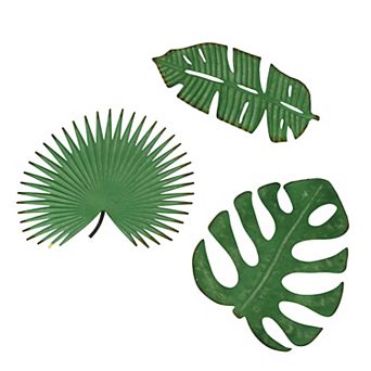 Set / 3 Antiqued Green Metal Tropical Leaf Wall Hanging Palmetto Monstera Banana