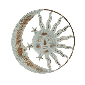 20 Inch Sun Moon Metal Face Distressed White Painted Stars Rustic Wall Hanging