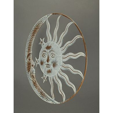 20 Inch Sun Moon Metal Face Distressed White Painted Stars Rustic Wall Hanging