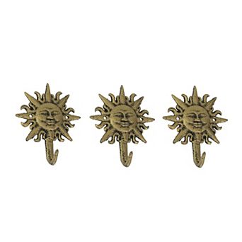 Set of 3 Cast Iron Gold Sun Face Decorative Wall Hooks Towel Coat Hanger Rack