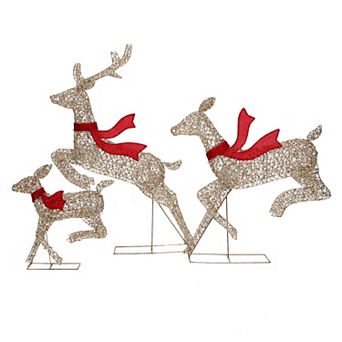 LuxenHome 3 pc Champagne Gold PET Running Deer Family Outdoor Holiday Decoration with Lights
