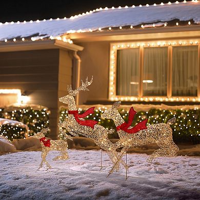 LuxenHome 3-Piece Champagne Gold PET Running Deer Family Outdoor Holiday Decoration with Lights