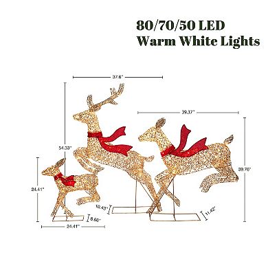 LuxenHome 3-Piece Champagne Gold PET Running Deer Family Outdoor Holiday Decoration with Lights