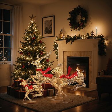 LuxenHome 3-Piece Champagne Gold PET Running Deer Family Outdoor Holiday Decoration with Lights