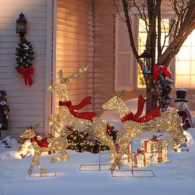 LuxenHome 3-Piece Champagne Gold PET Running Deer Family Outdoor Holiday Decoration with Lights