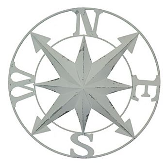 24 Inch Distressed White Galvanized Metal Compass Rose Wall Hanging Home Decor