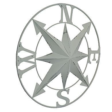24 Inch Distressed White Galvanized Metal Compass Rose Wall Hanging Home Decor
