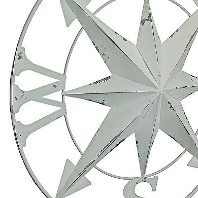 24 Inch Distressed White Galvanized Metal Compass Rose Wall Hanging Home Decor