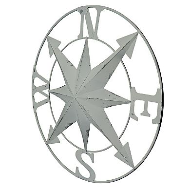 24 Inch Distressed White Galvanized Metal Compass Rose Wall Hanging Home Decor